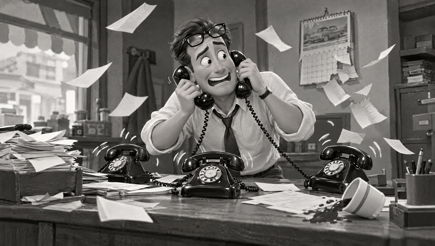 An owner buried in paper, three phones ringing