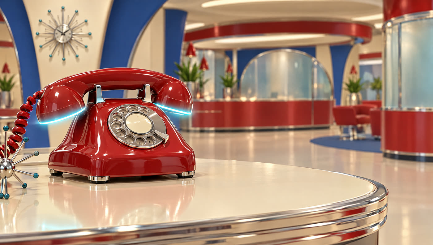 A red rotary phone on a chrome counter