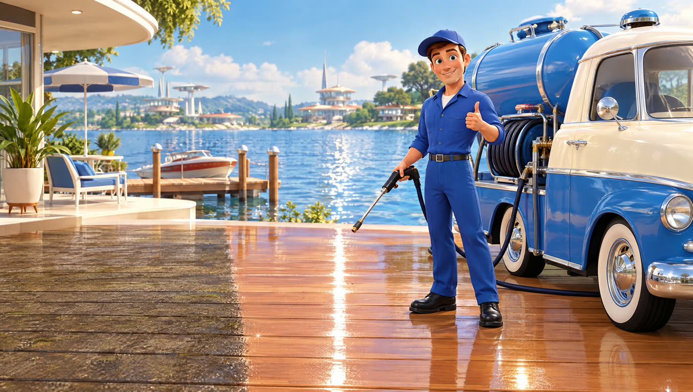 A crew member with his rig on a lakeside deck