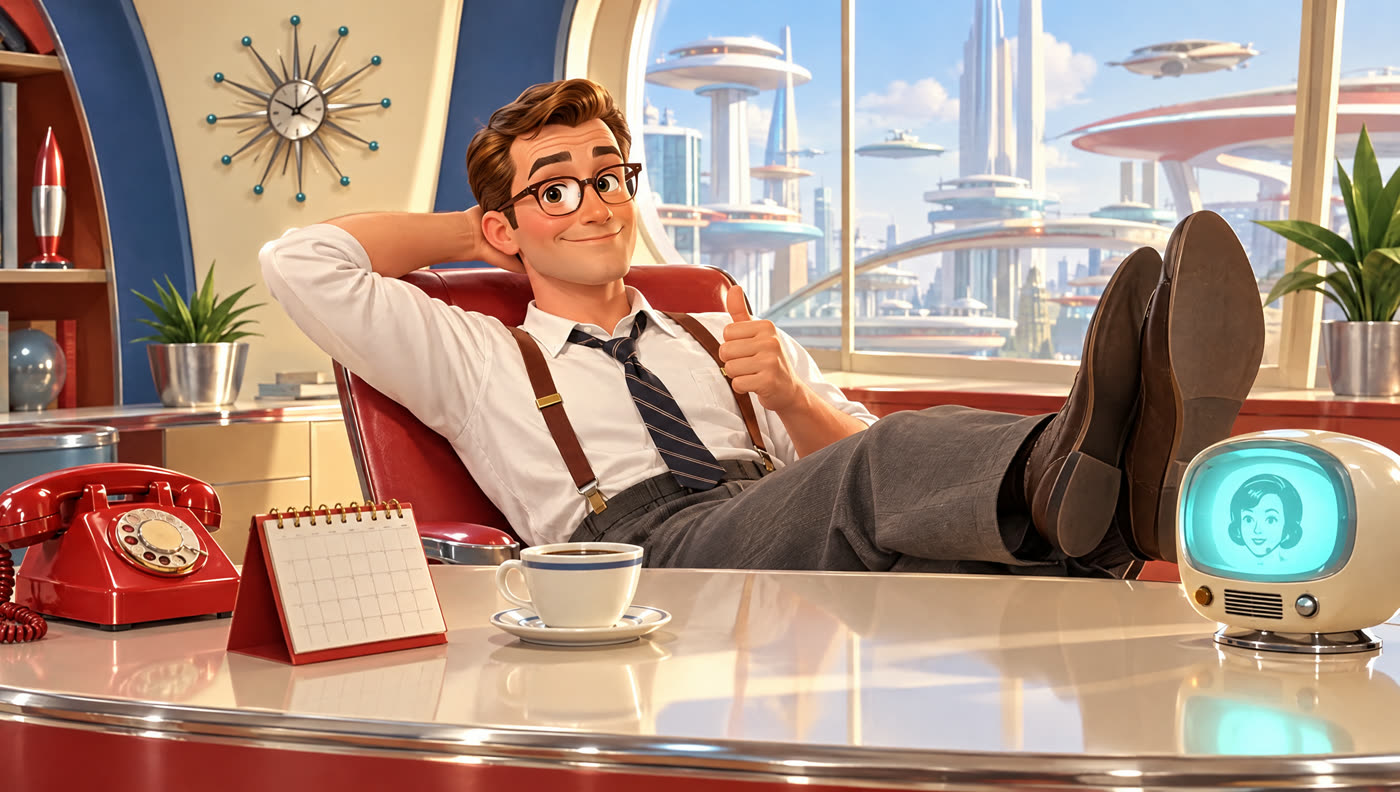 The owner with his feet up, coffee in hand, Herb on the little screen